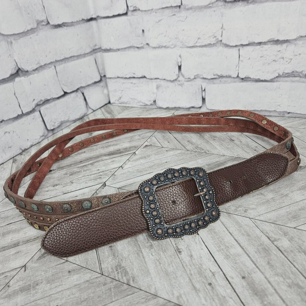 Studded 3 Strand Brown Leather Belt Womens M Country Western Rodeo Bling